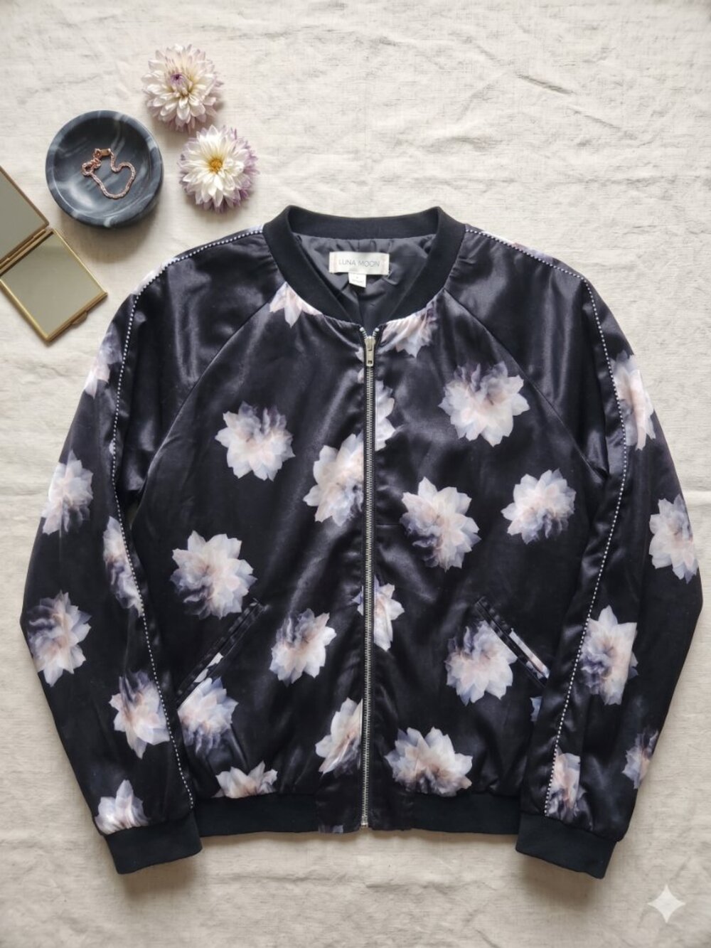 Luna Moon Women's Black Floral Satin Bomber Jacket